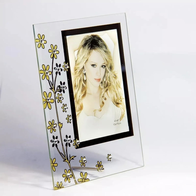 Porta-retrato De Mesa En Vidrio Diseño Flores Foto 10x15 Cm (Envió Gratis)
